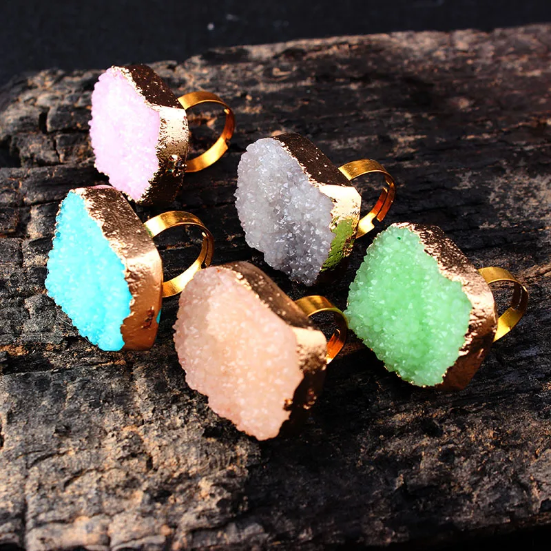 

LE SKY 1 Pc Boho Exclusive Natural Stone Irregular Druzy Ring Gold Color Druzy Open Finger Rings For Women Party Jewelry