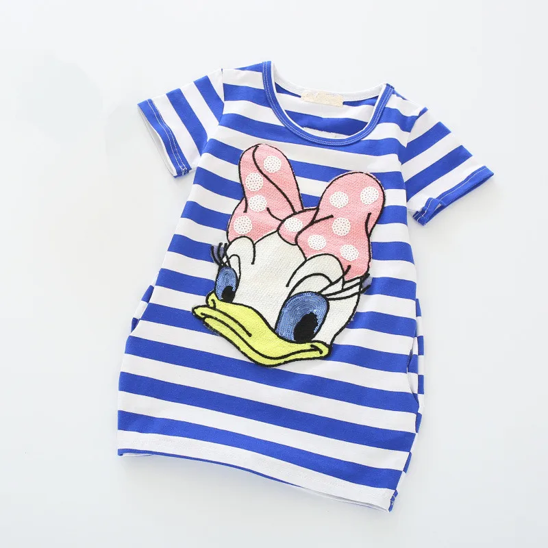 

2018 latest summer baby girls striped dress children cartoon Donald Duck print 2-7 years old baby long section T-shirt Dresses