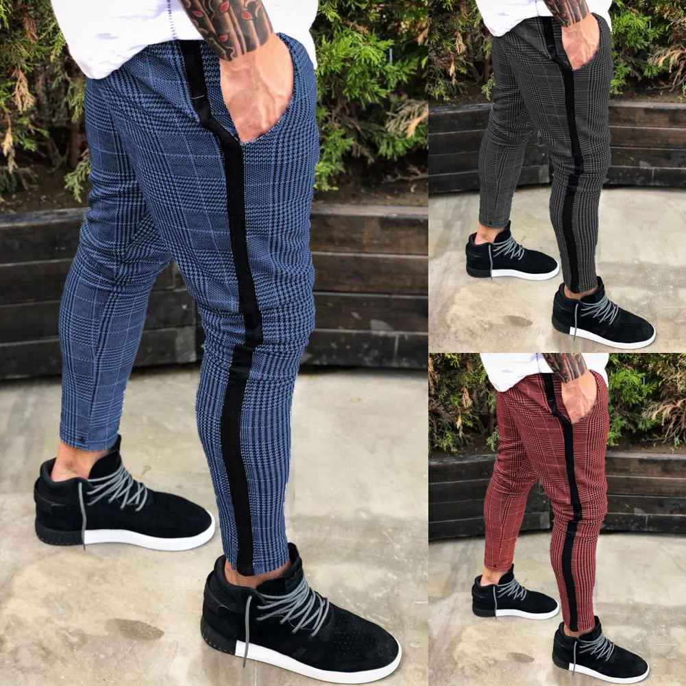 Newest arrival sexy plaid high waist solid Mens Gym Slim Fit Trousers Pants Tracksuit Casual Joggers Skinny Sports Bottoms M-3XL