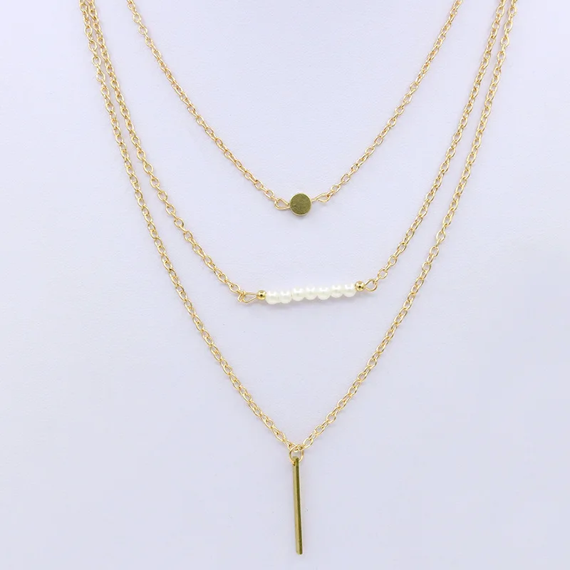 

Triple Chains Golden Medal White Simulated Pearl Beads & Simple Metallic Stick Long Necklace for Women