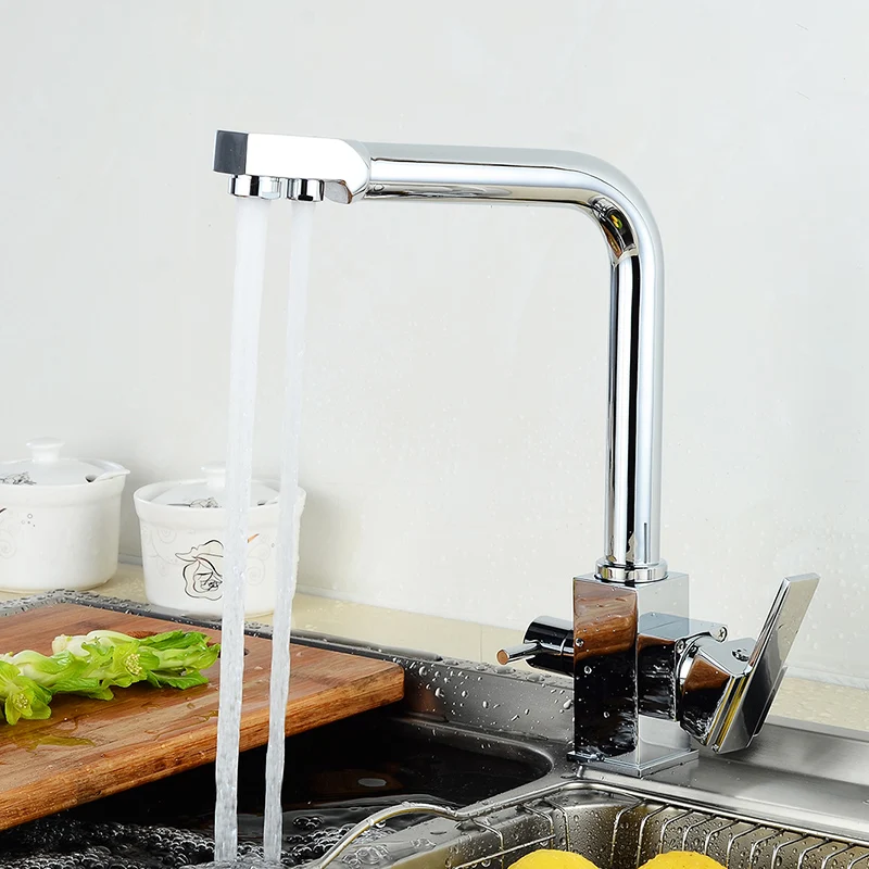 Fapully Square Filter Faucets Kitchen 3 Way Water Tap Dual Lever Kitchen Taps Chrome Musluk Deck Mounted Water Purifier Faucet