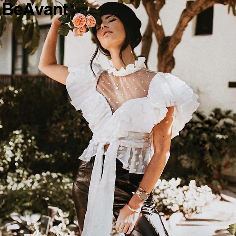 

BeAvant Vintage ruffle white women blouse shirt Transparent mesh summer chiffon blouse ladies Victorian feminine blouses blusas