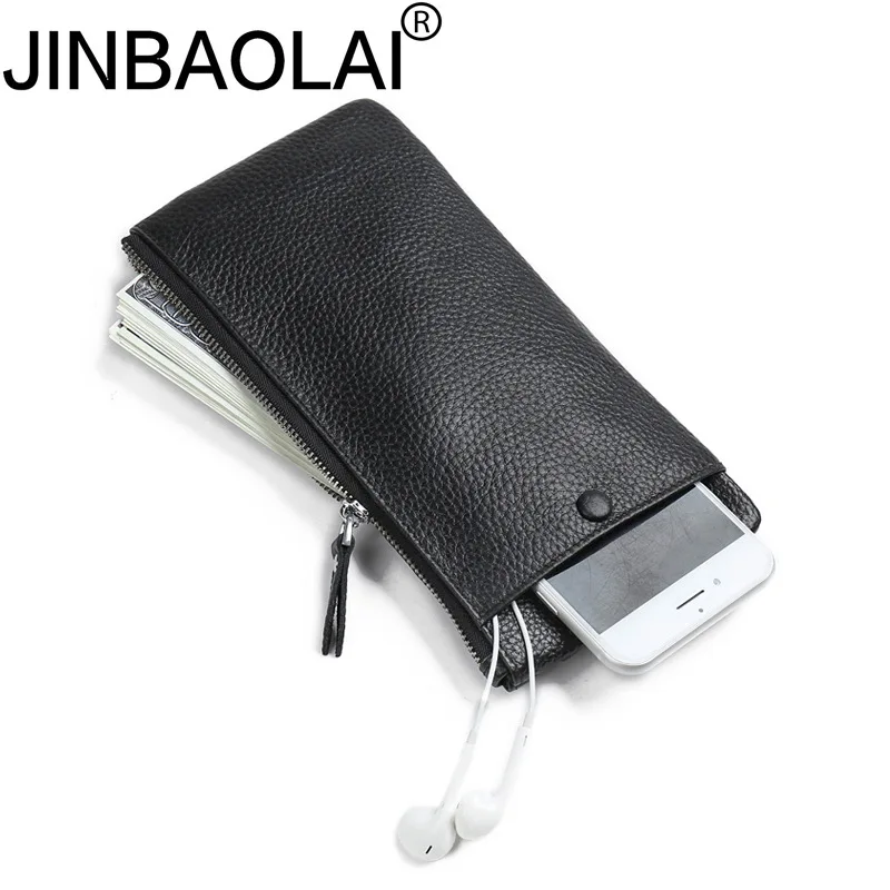 

JINBAOLAI New Slim Genuine Leather Wallets Male Handbag Simple Hand Coin Purse Mobile Phone Pocket for Men