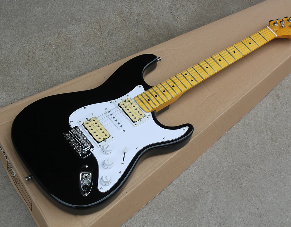 

Factory Wholesale Black Electric Guitar with White Pickguard,Maple Fretboard,HSH Pickups,offering customized services