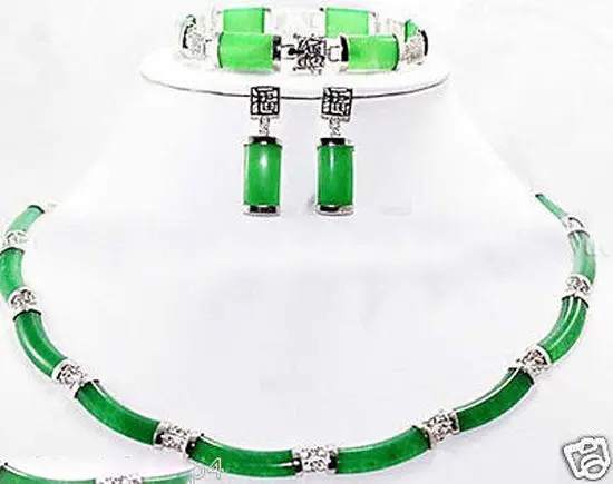 

New Jewelry Green Jade Link Necklace Bracelet earrings set 5.23