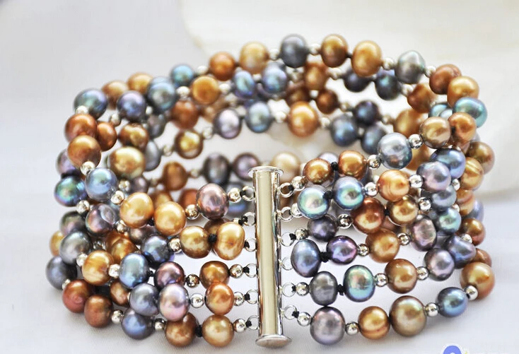 

Free shipping@@@@@ P5016 6row 8" 7mm round coffee peacock black freshwater pearl bracelet magnet
