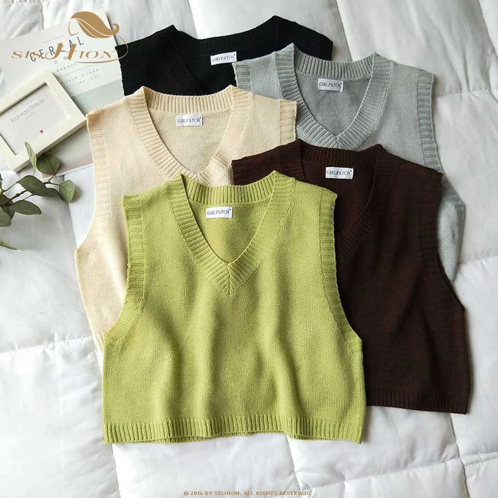 

SISHION 2020 Spring Autumn Vintage Sleeveless v-neck knitted Vest Sweater Women QY0257 Solid Pullovers Ladies Casual Tank Top