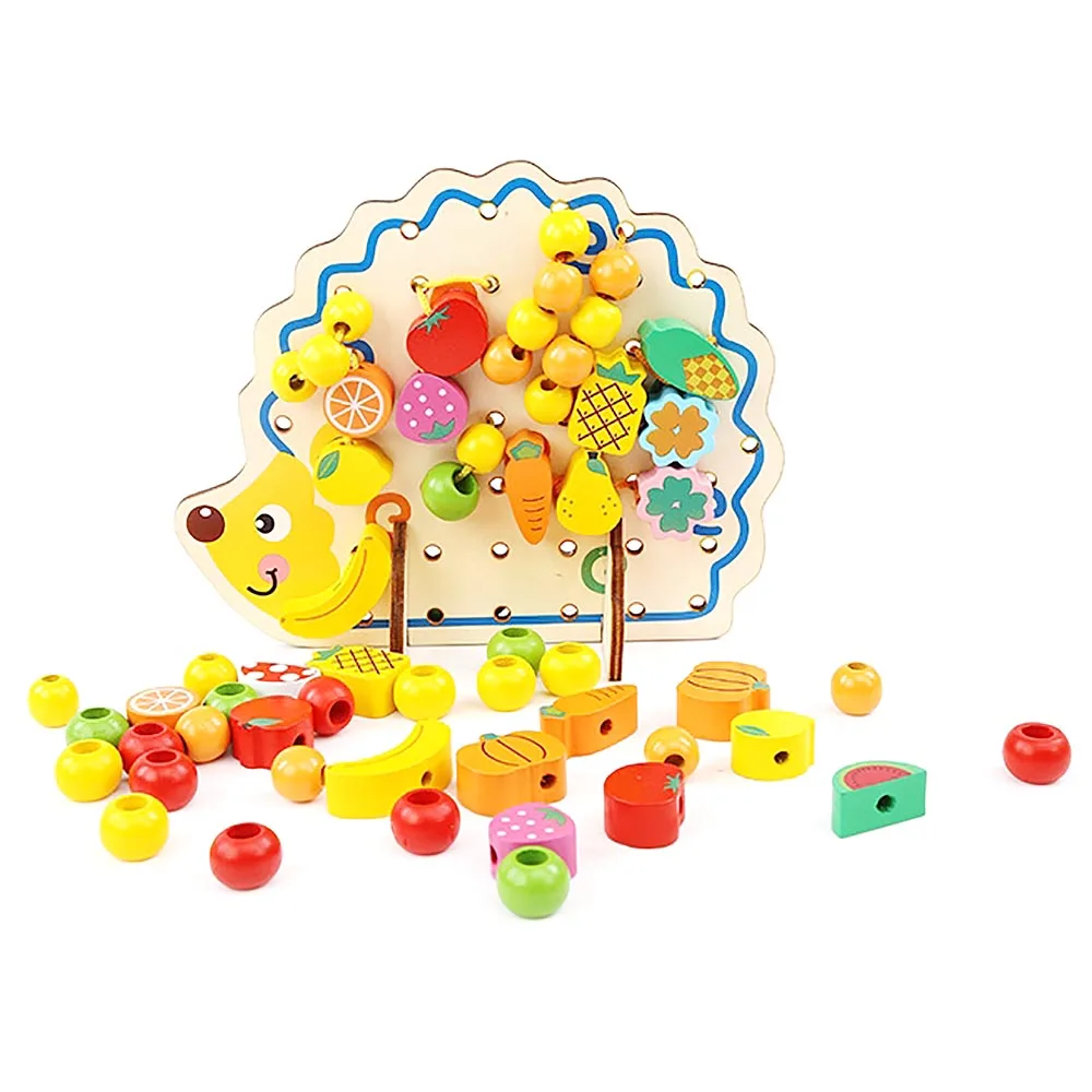 1 Set Creative Useful Wood Hedgehog Fruit Vegetable Beads Building Thread Toy for Kids
