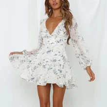 Boho Chic Back Lace Up Frill Floral Skater Dress Summer V Neck Vocation Dress Mini Robe Femme Long Sleeve Chiffon Dress Women Boho Chic Back Lace Up Frill Floral Skater Dress Summer V Neck Vocation Dress Mini Robe Femme Long Sleeve Chiffon Dress Women