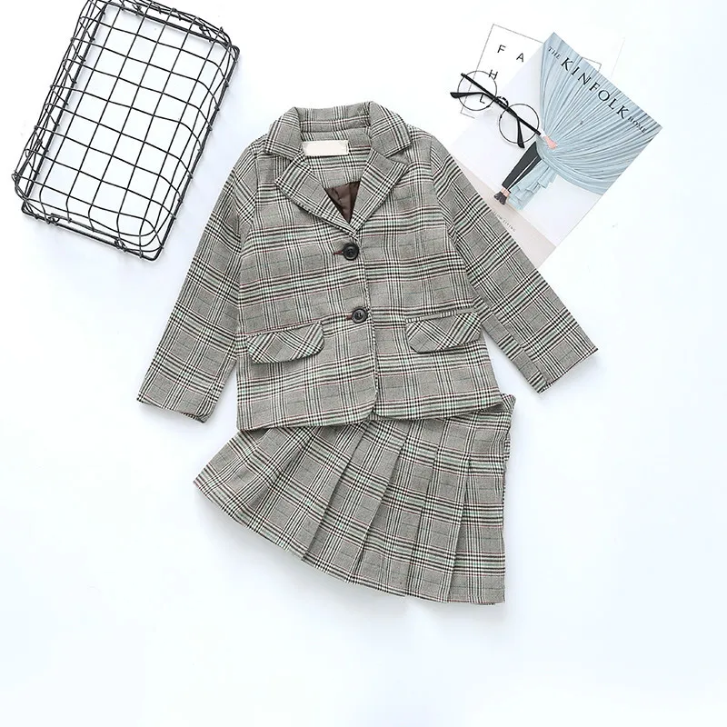 Костюм для мальчиков; костюм в британском стиле; корейская форма для девочек; детский клетчатый костюм для колледжа; Детский костюм-парка; комплект из двух предметов; детская одежда - Цвет: Бежевый