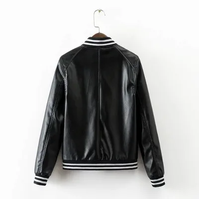 Most effective  Wholesale New Stylish Metal Textured Women Baseball Tops Black Bright PU Faux Leather Bomber Jacket