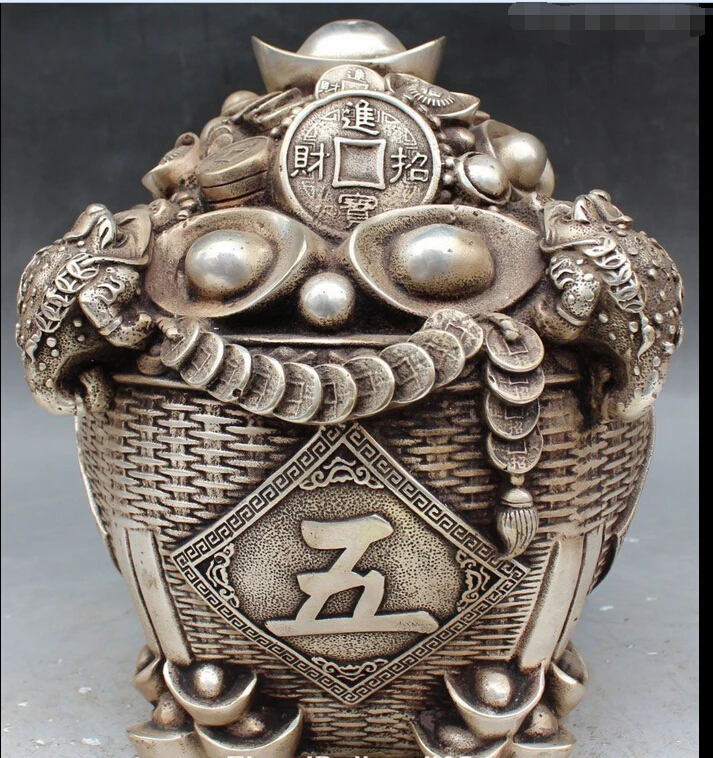 

zhrui6657<<>>10" Folk Chinese Silver Wealth Money Goden Toad Barrel Keg Treasure bowl Statue
