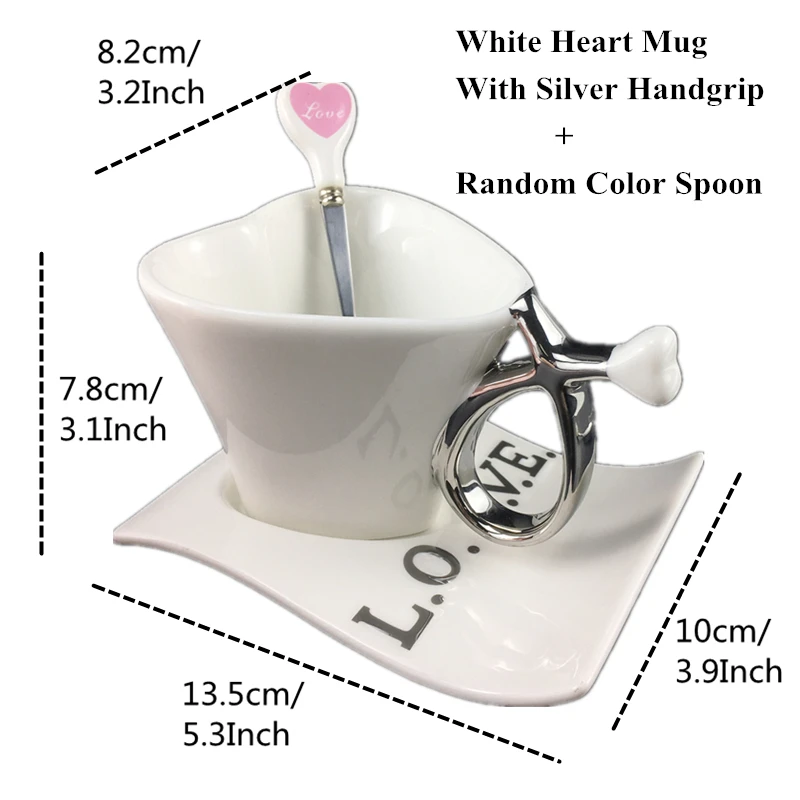 Silver Random Spoon VILEAD, кофейная кружка в форме сердца для влюбленных, модная, керамическая, молочная кружка с тарелкой, для пар, чашка для утреннего чая, для офиса, чашка для воды, подарок для девочек - Цвет: Silver Random Spoon