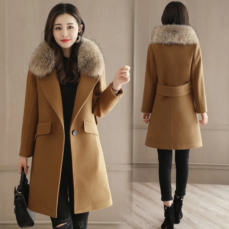 

Slim Womens Long Coats 2018 Winter Single Button Wool Blend Coat and Jacket Turn-down Collar Ladies Coats with faux fur collar