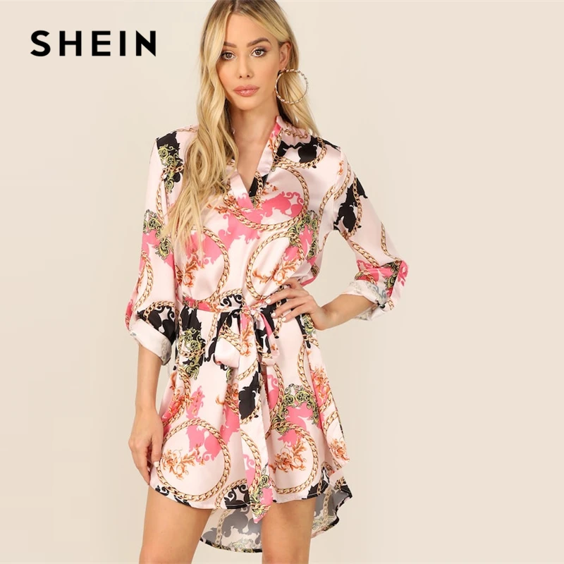 SHEIN Pink Chain Print Roll Tab Sleeve Dip Hem V Neck A Line Asymmetrical Short Dress Women 2019