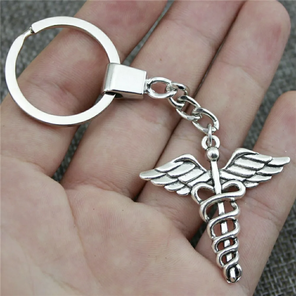 

Antique Bronze Silver Color Plated 40x40mm Caduceus Medical Symbol Keychain New Fashion Handmade Metal Key Ring Party Gift