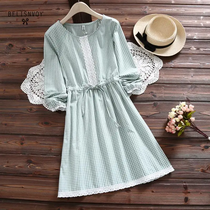 

Mori Girl 2019 Spring Autumn Women Cute Dress O-neck Plaid Cotton Linen Lace Vestidos Elastic Waist Long Sleeve Dresses