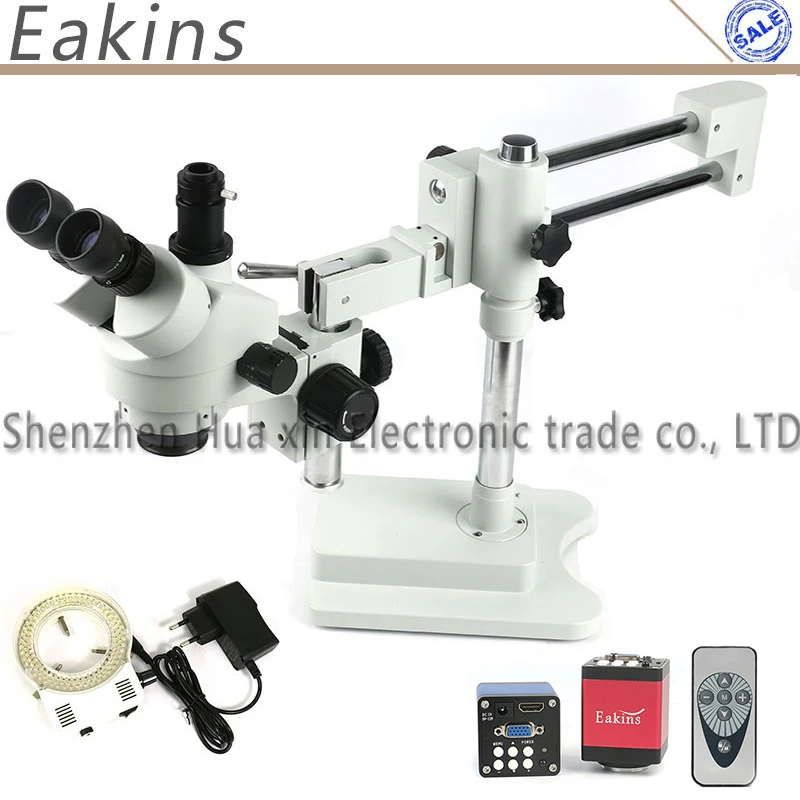 Simul фокальный микроскоп комплект 3.5X-90X ДВОЙНОЙ Boom Stand Стерео Увеличить Тринокулярный Стандартный микроскоп+ 14MP HDMI Камера+ 144 шт. свет