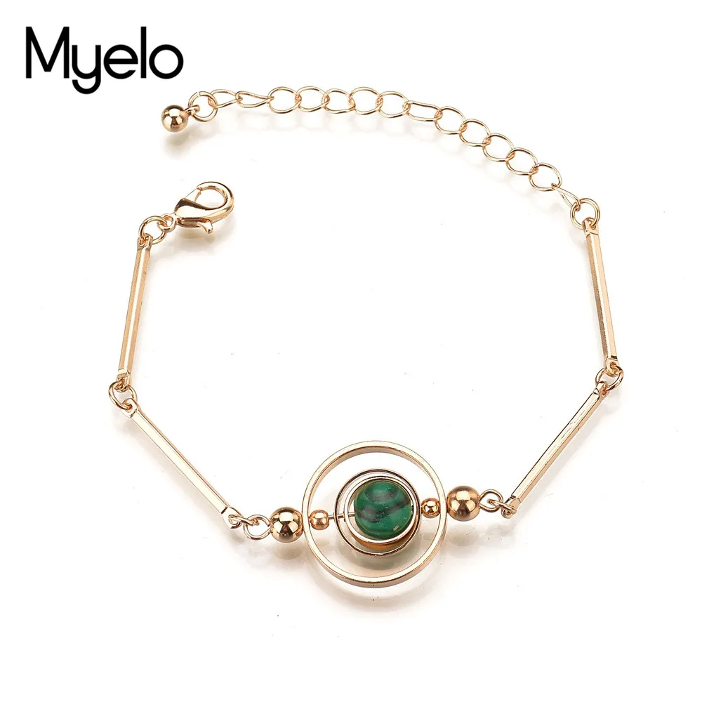 Myelo Gold Color Romantic Geometric Round Circle Faux Stone Chain Link