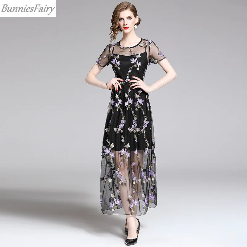 BunniesFairy 2019 летнее богемное Бохо фиолетовое цветочное вышитое прозрачное Сетчатое