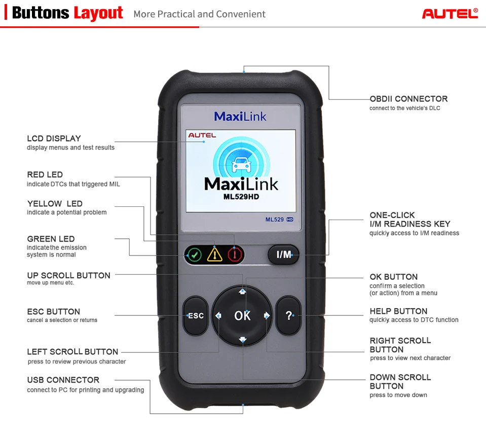 Autel MaxiLink ML529HD сканирующий Инструмент Расширенный режим 6 OBD2 автоматический считыватель кодов сверхмощный диагностический инструмент с использованием SAE-J1939 SAE-J1708