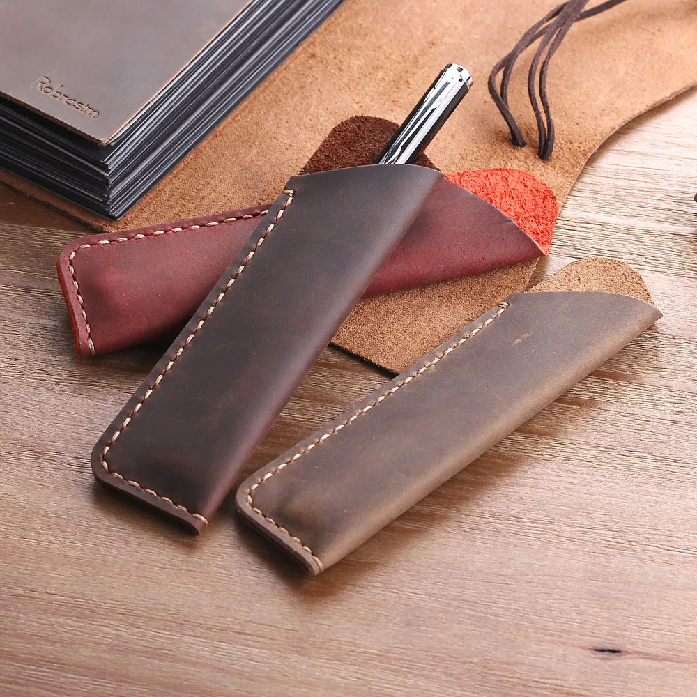 Personalise Handmade Genuine Leather Fountain Double Pen Bag Soft Pencil Protective Sleeve Cover