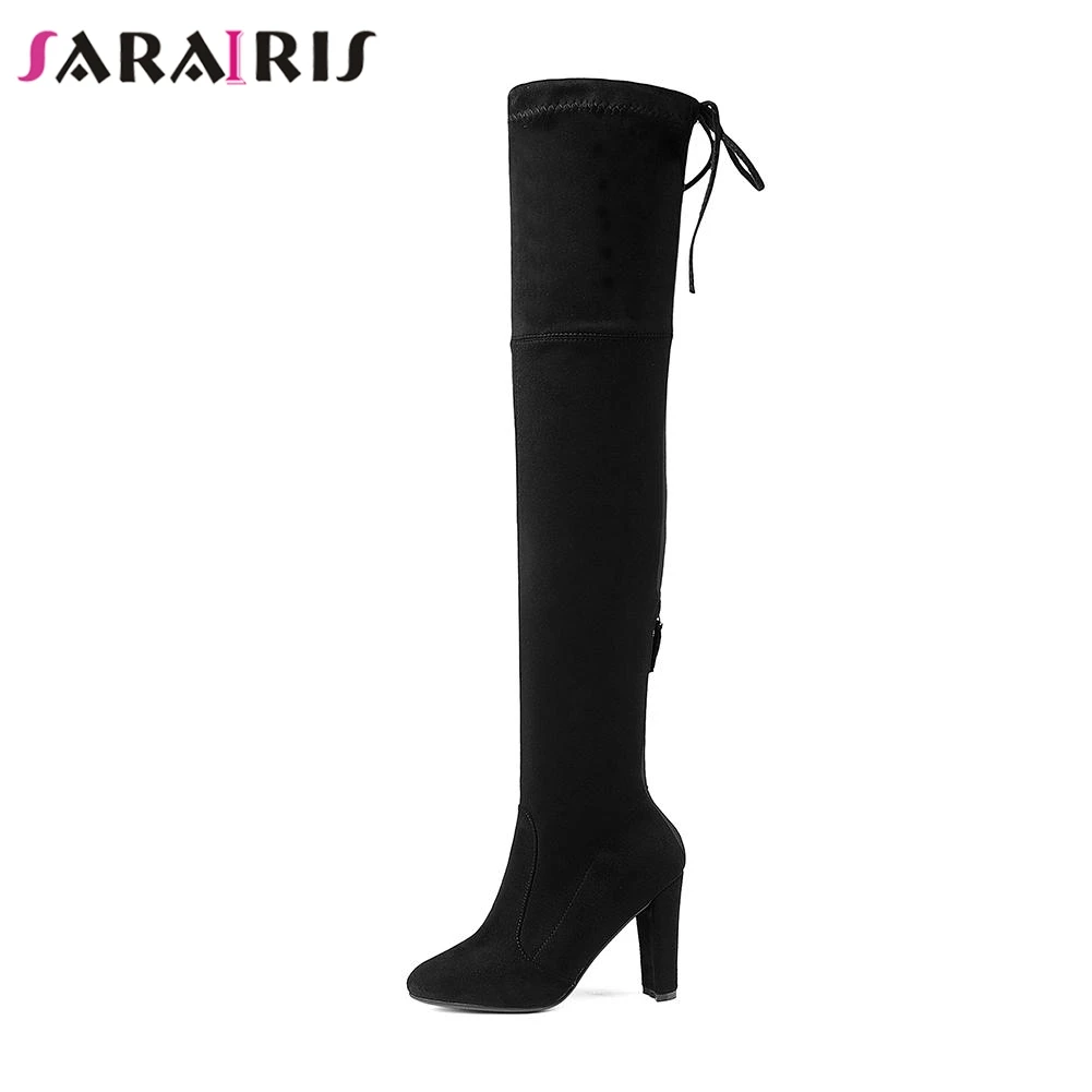 SARAIRIS/модные черные женские сапоги на высоком каблуке 12 см, на молнии, коллекция 2019 года, повседневные осенне-зимние сапоги выше колена