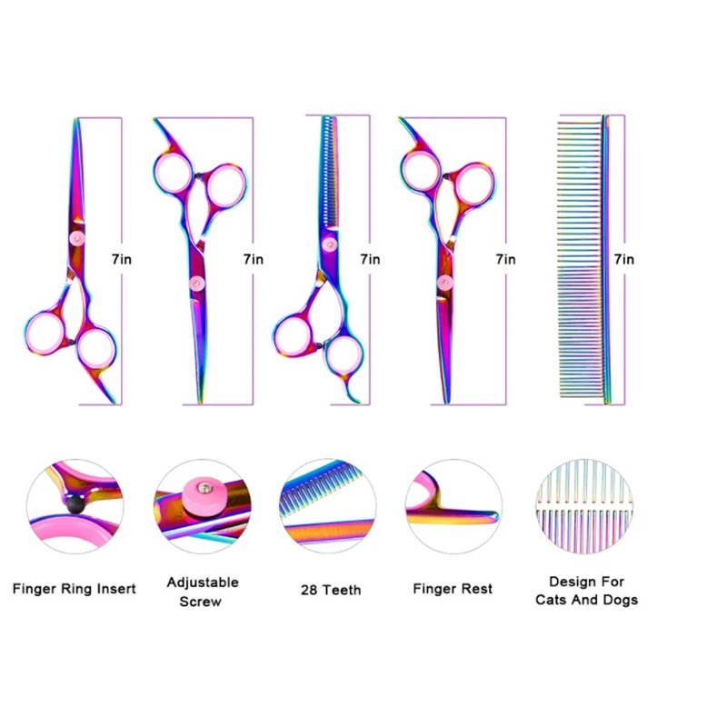 7,0 дюймовые ножницы для ухода за собакой, Honsene сверхмощный титановый Набор для стрижки домашних животных из нержавеющей стали(Радуга