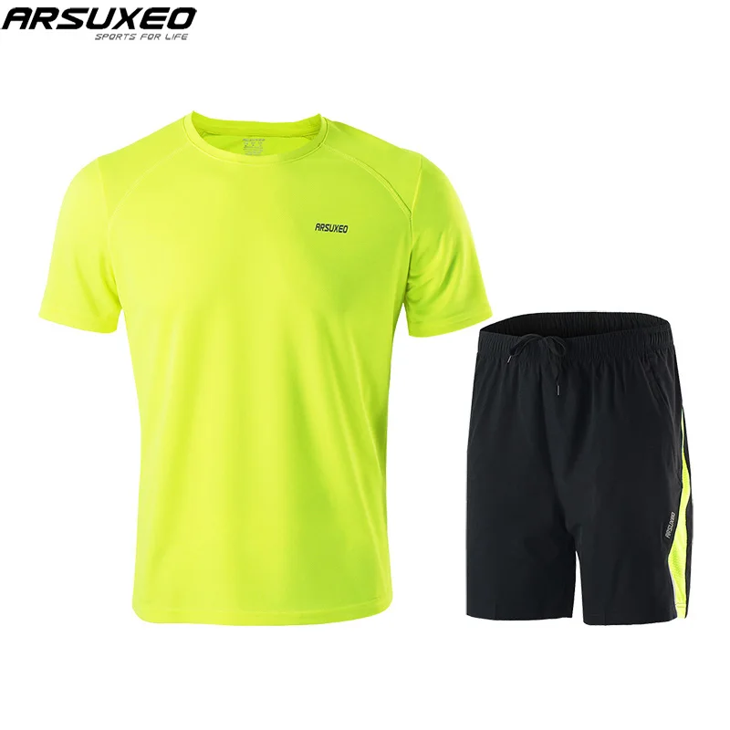 ARSUXEO Summer Men's Running Sets Running T Shirt Running Shorts Training GYM Workout Exercise Jersey Quick Dry Reflective