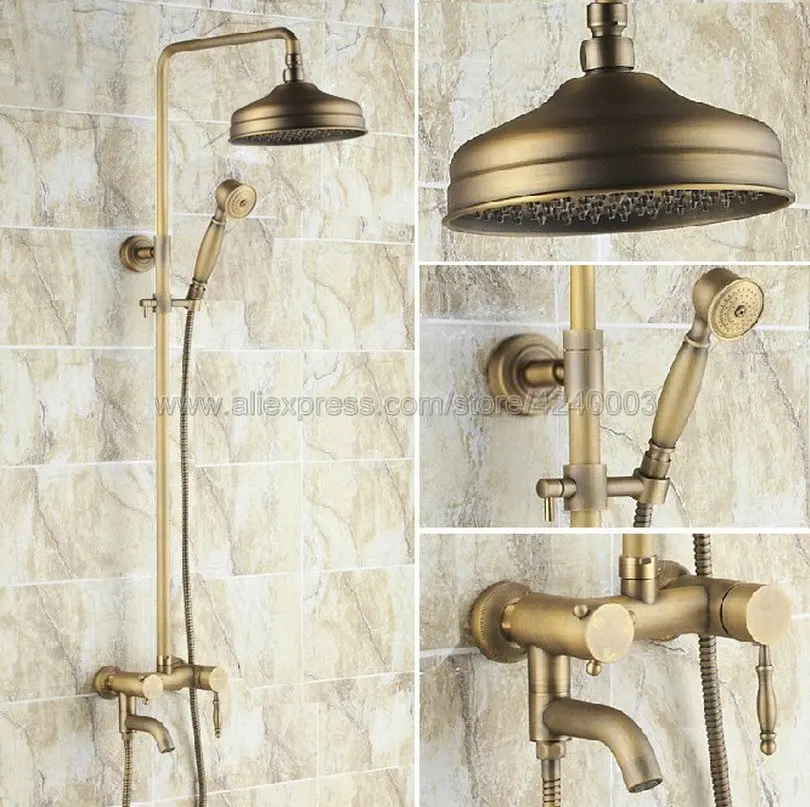 

Antique Brass Shower Faucets Set 8'' Rainfall Shower Head Handle Shower Mixer Tap Swivel Tub Spout Bath Shower Krs153