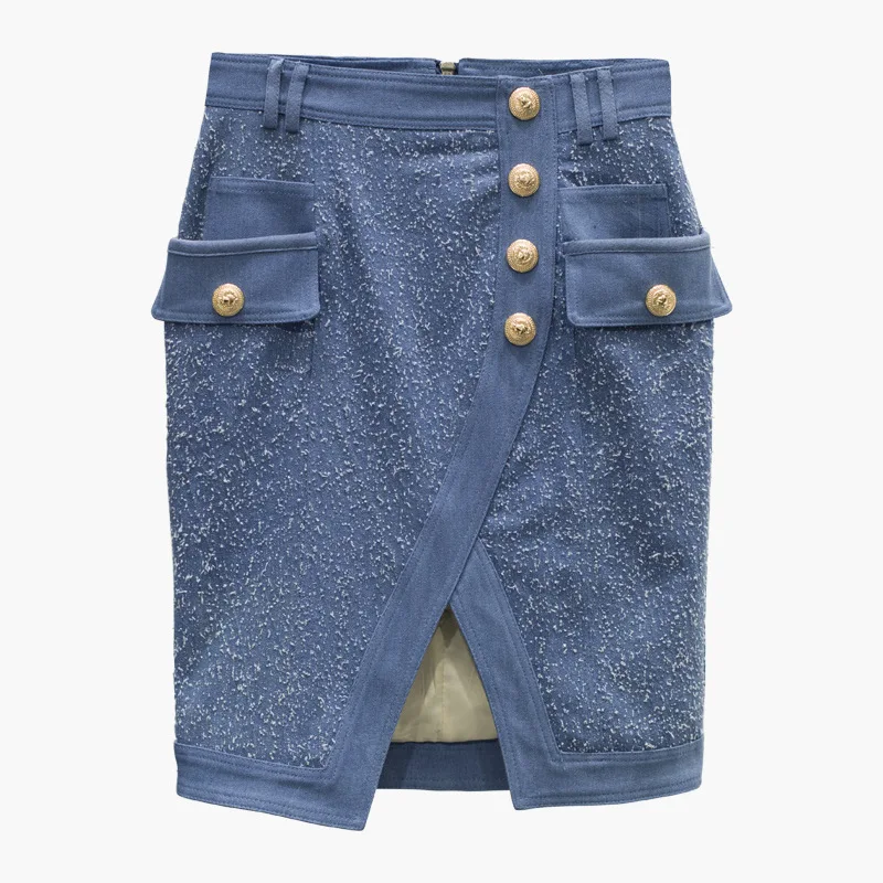 Bodycon As Jeans Oficina Mujeres Shown Falda longitud Casual Sólido Midi Denim Sexy Recta Lápiz Rodilla Botón dwqxfq