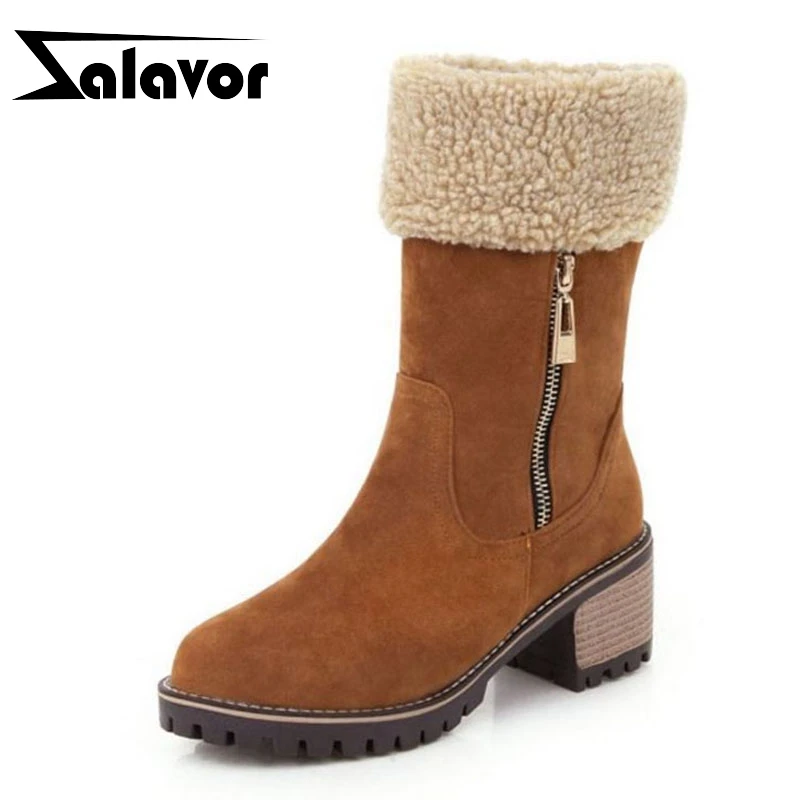 

ZALAVOR Warm Fur Women Mid Calf Boots Simpe Round Toe Zipper Mid Heels Shoes Comfortable Winter Women Footwear Size 33-44