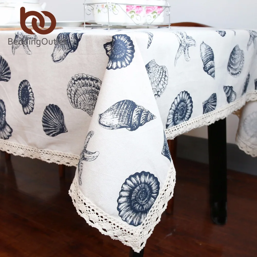 

BeddingOutlet Linen Cotton Tablecloth Shell Ocean Printed Table Cover Mediterranean Table Cloth Rectangular 9 Sizes Hot Sale