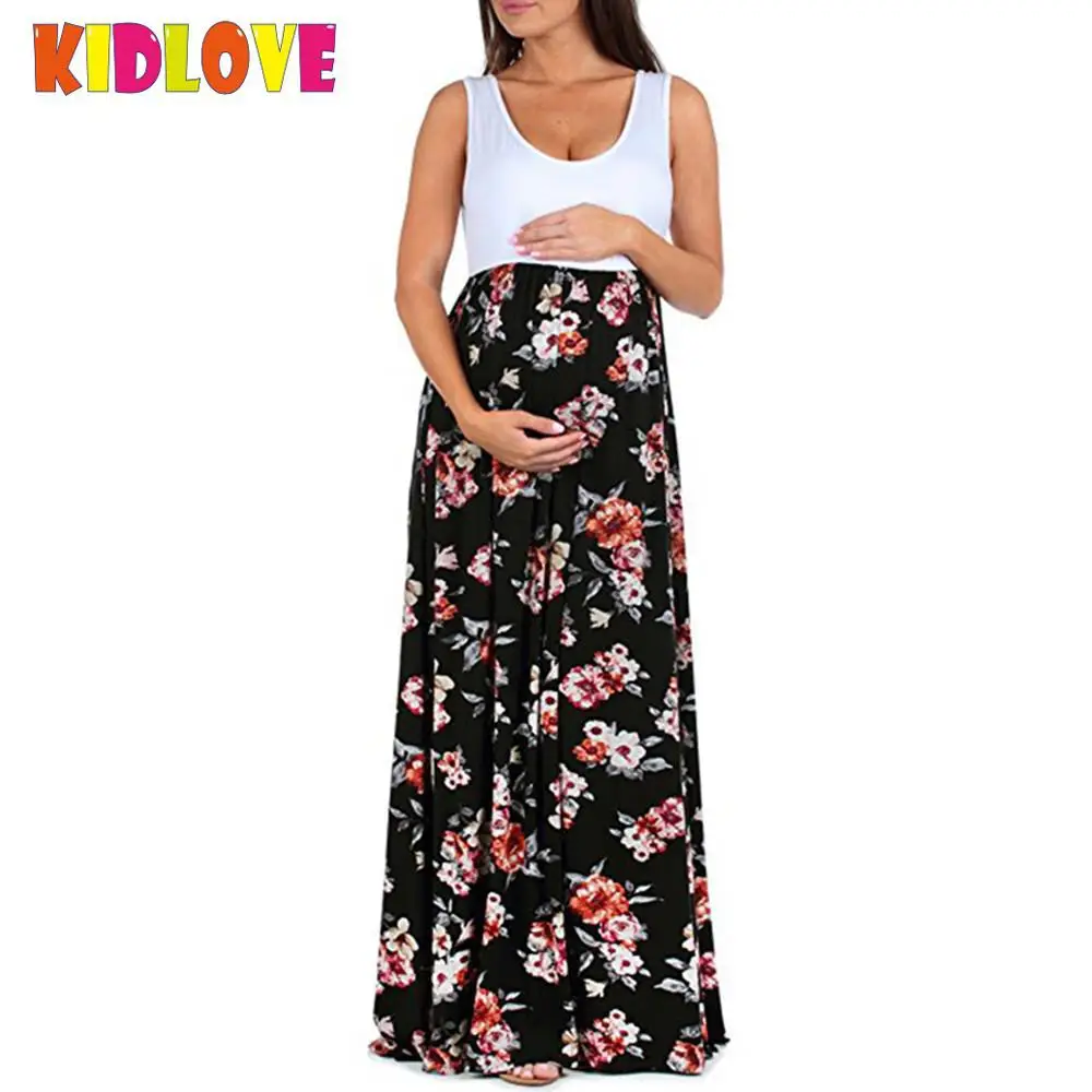 

Kidlove Women Clothes Maternity Dresses Sleeveless Printed Pregnancy Dress Splicing Skirt Long Gift 2018 Summer Fashion