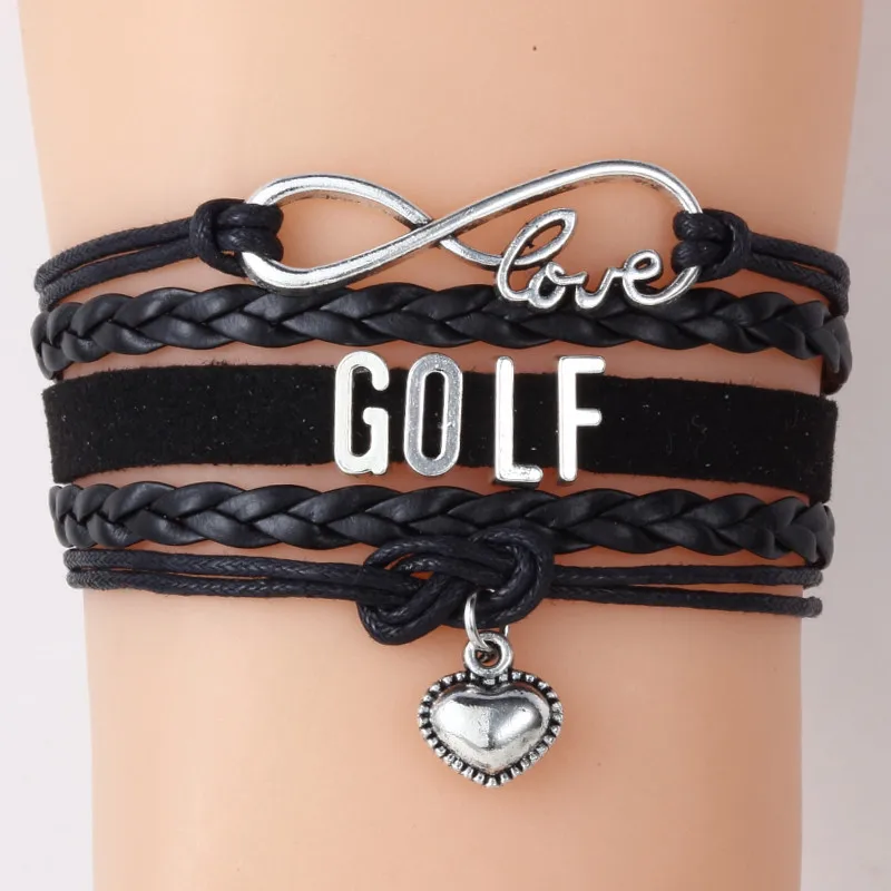 (10pcs/lot) Infinity Love GOLF Bracelet Heart Charm Leather Rope Wrap