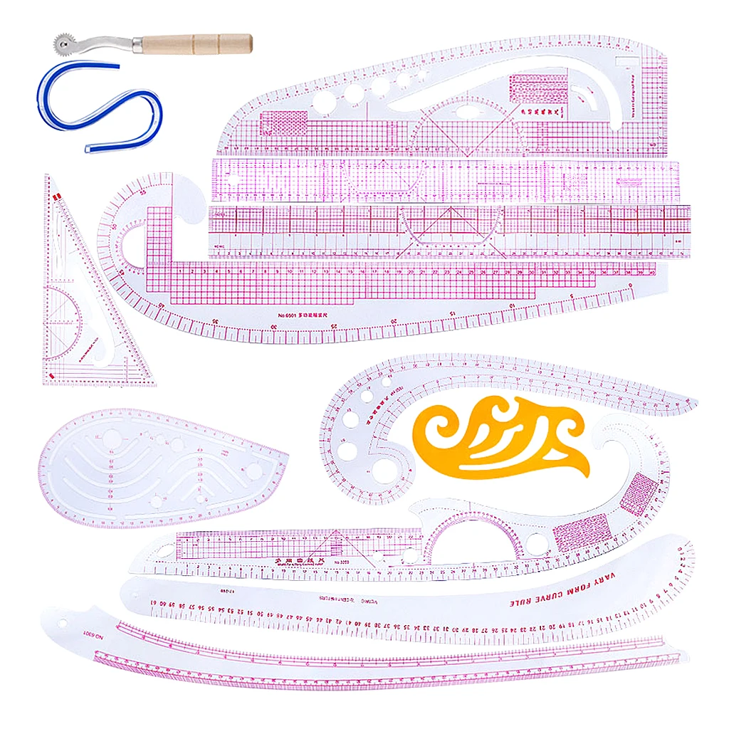 13 Pieces Multi-Style Design Drawing Comma Line Straight French Curve Ruler Set Clothing Design Rulers for Drawing Cutting Plate
