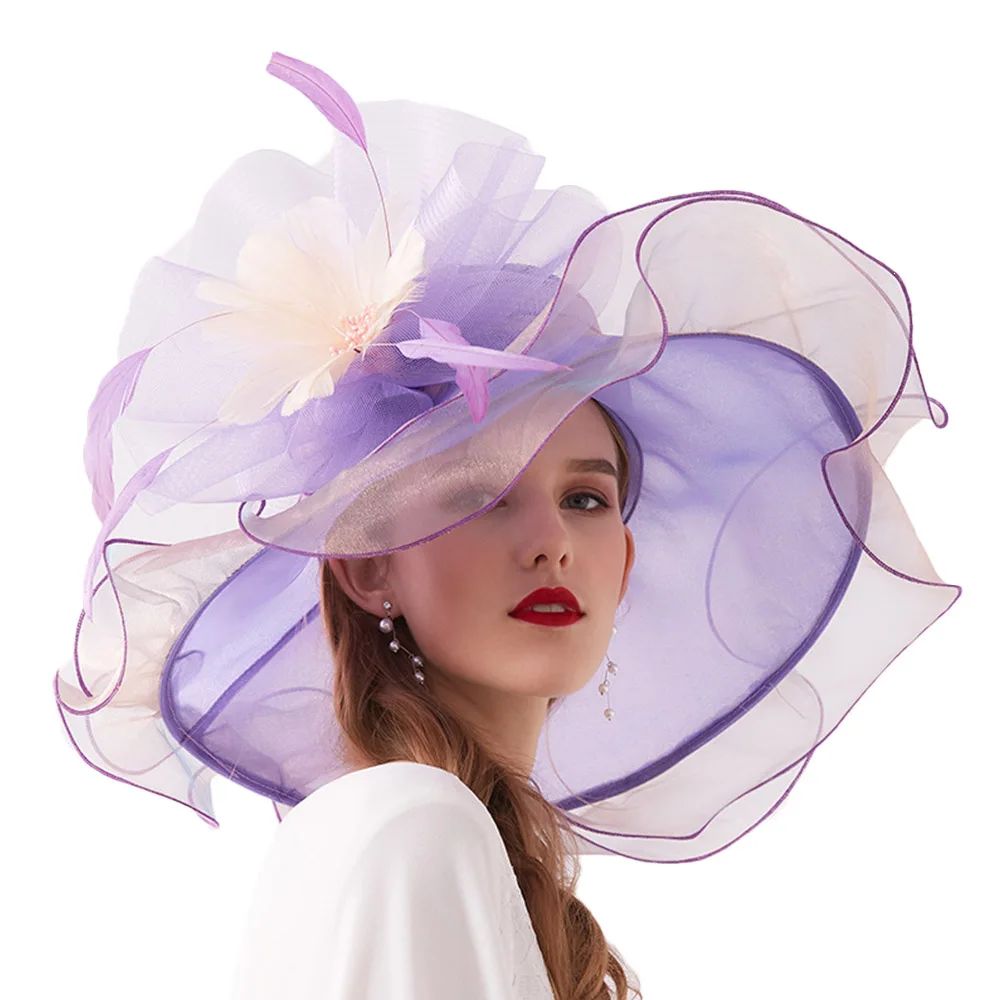 FS новые женские шляпы для церкви, элегантные летние шляпы из органзы, женские вечерние шляпы с большим цветком - Цвет: Purple Sun Hats