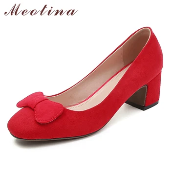 

Meotina Women Shoes High Heels Bow Block High Heels Fashion Shoes Sweet Square Toe Party Pumps Ladies Spring Red Plus Size 33-43