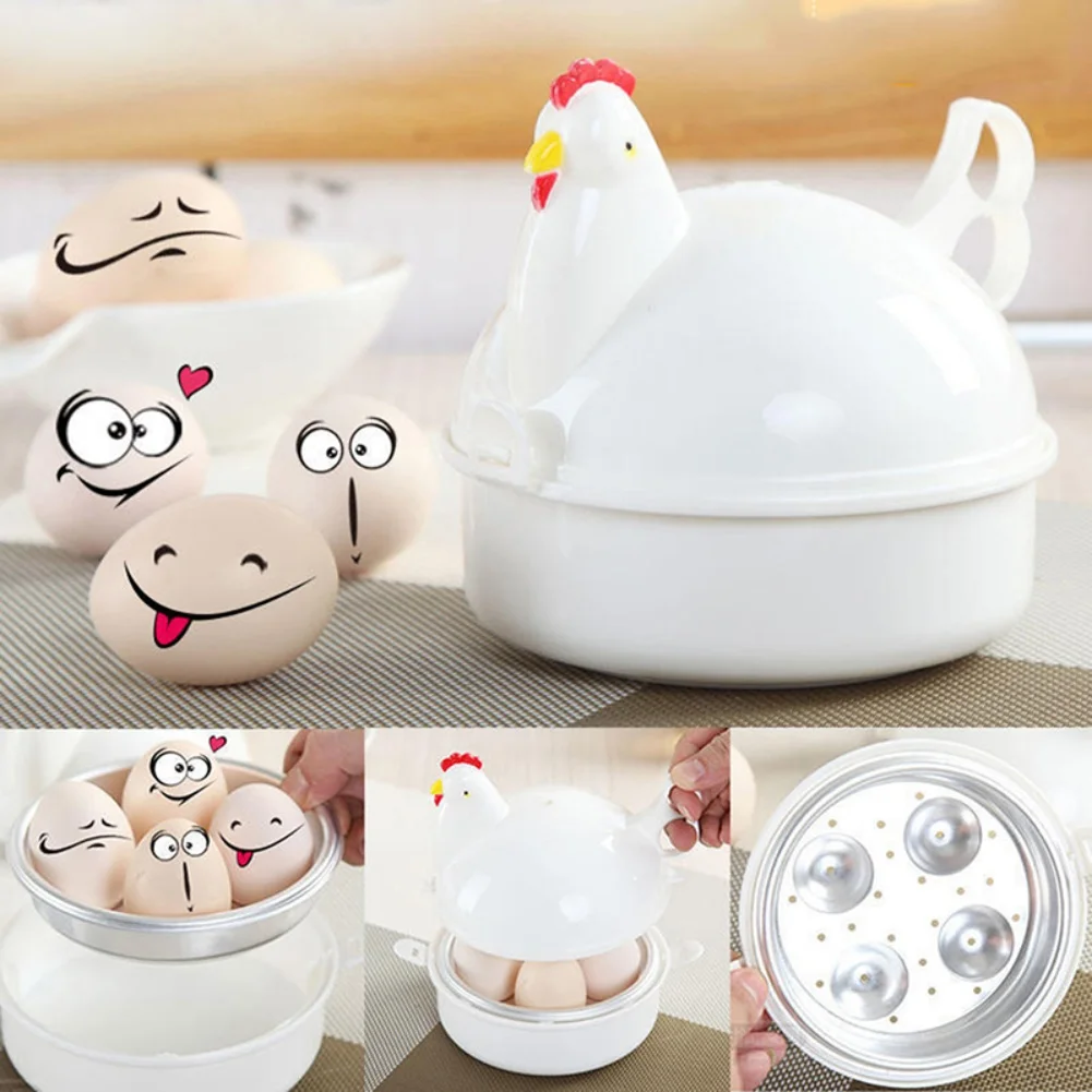 Microwave Egg Cooker Chicken Shape Steamed Egg Plastic Egg Steamer With 4 Eggs Capacity New