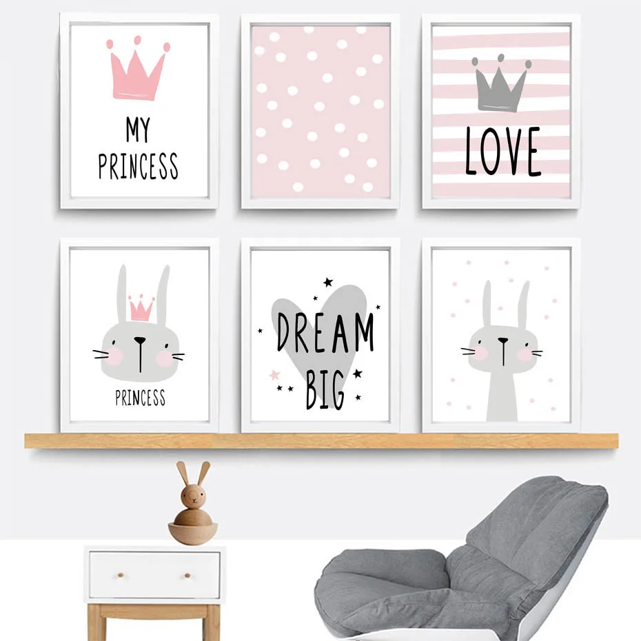 

Pink Cartoon Nursery Girl Wall Picture Poster & Print Rabbit Crown Baby Room Modern Canvas Painting Kids Children Wall Art Mural