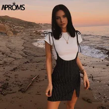 Aproms Black Stripes Pinafore Mini Dress Women Summer Sexy Streerwear Tie Up Shoulder Dresses Side Split Sundresses Vestido 2019 Aproms Black Stripes Pinafore Mini Dress Women Summer Sexy Streerwear Tie Up Shoulder Dresses Side Split Sundresses Vestido 2019