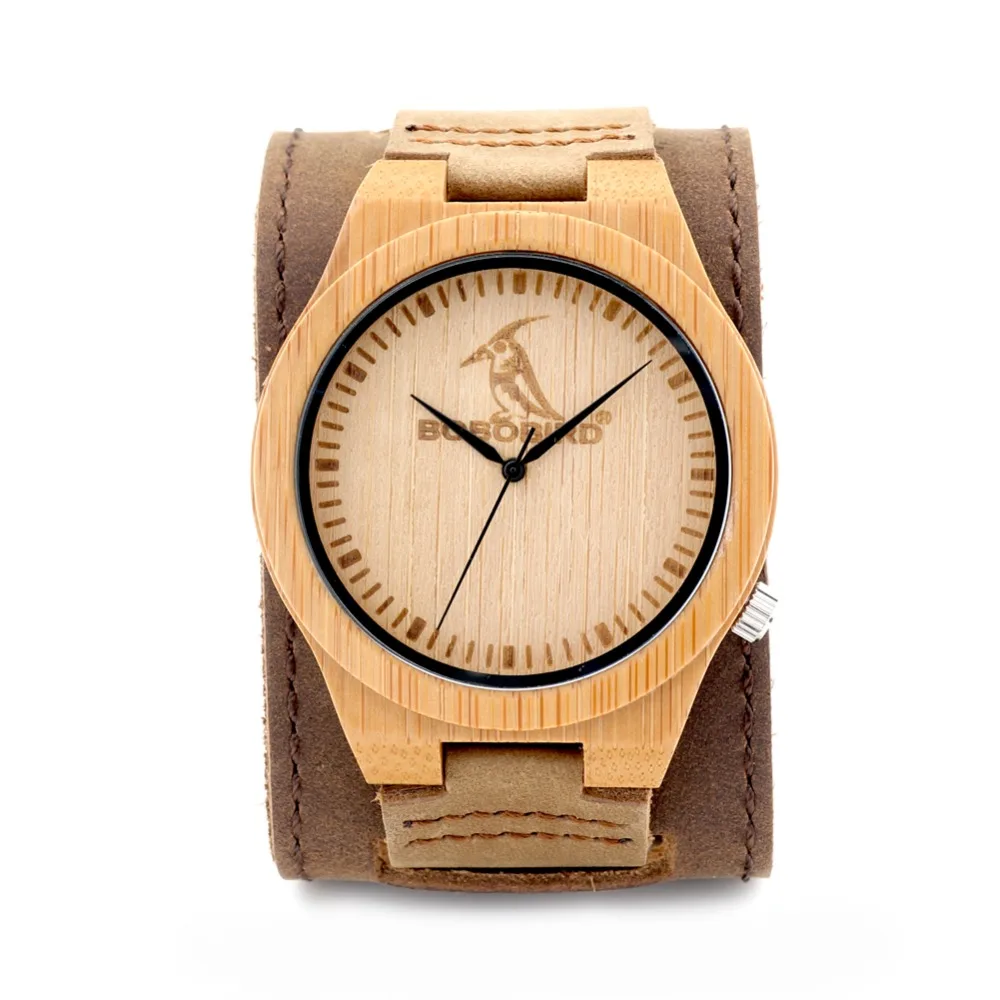 BOBO BIRD L-L07 Bamboo Wooden Watches Male with Brand Design on the Front and Wide Leather Strap Men Clocks