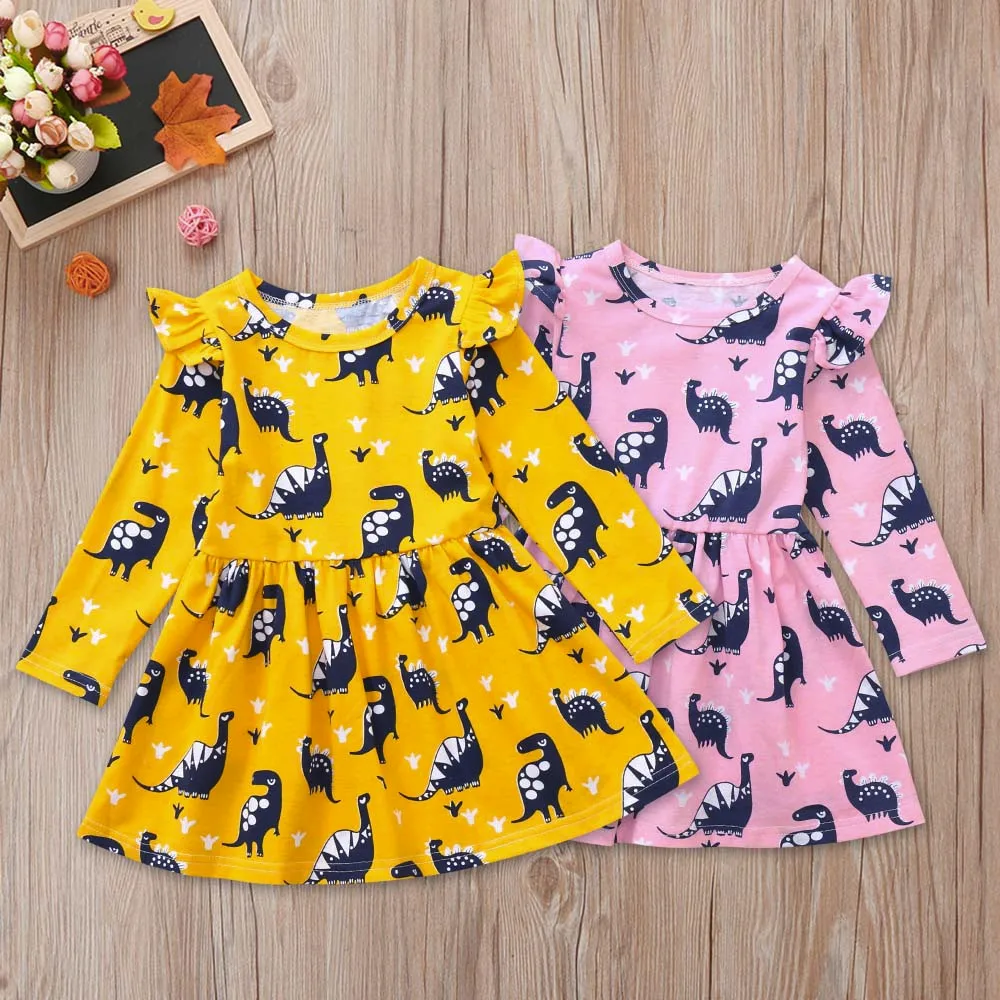 

2018 Autumn Winter Kid Baby Girl Long Sleeve Dinosaur Printing Princess Flying Sleeve Dress Christmas Children Costume