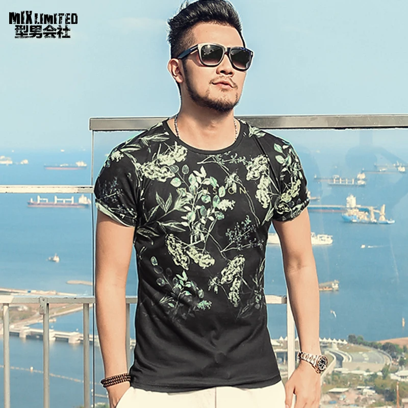 

New Men summer slim cotton short sleeve printed floral t-shirt metrosexual man casual European style t shirt quick dry T371