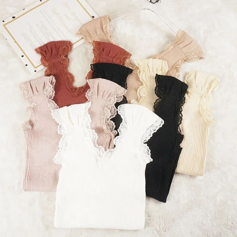 Deep V Neck Knitted Solid Lace Women Short Shirts 2019 Summer Elegant Female Blouses Casual Elastic Korean Styles Slim Lady Top