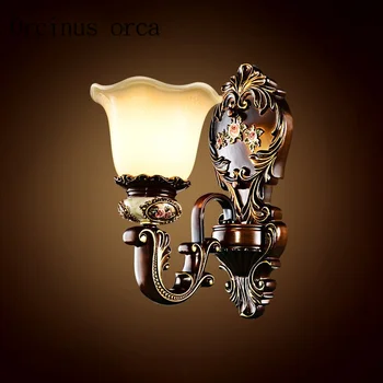 

American antique resin wall lamp living room background wall bedside new classical European glass wall lamp free shipping