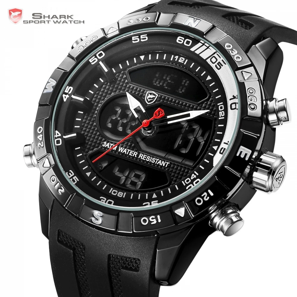 Hooktooth SHARK Alarm Auto Date Cool Men Clock Black Silicone Strap Band Analog Digital Display Chronograph Sport Watches /SH597