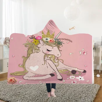 

Hooded Blankets Magic Hat Blanket Thick Double-layer Plush 3D Digital Printing Animal Series Flamingo Elephant unicorn Leaves