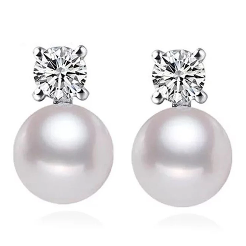 

8-9mm Beauty 925 Silver Fine Jewelry CZ Crystal Earrings Real Freshwater Pearl Stud Earrings For Elegant Women