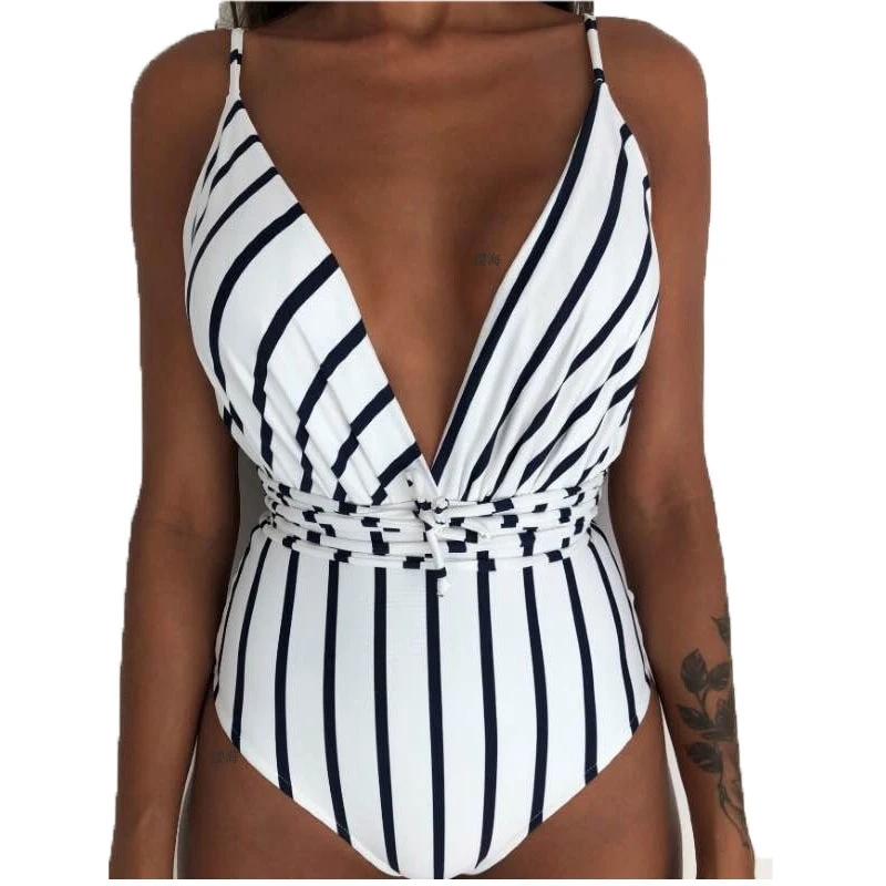 Sexy One Piece Swimsuit Female Deep V Backless Brazilian Monokini Swimwear Women Bathing Suit Swimming sunflower swimsuit - Цвет: stripe